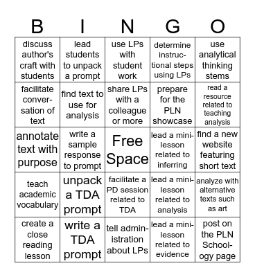 Text Dependent Analysis BINGO Card