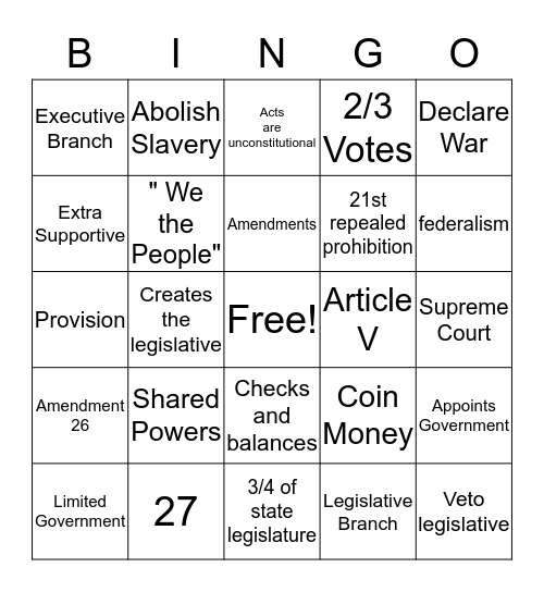 The Constitution Bingo Card