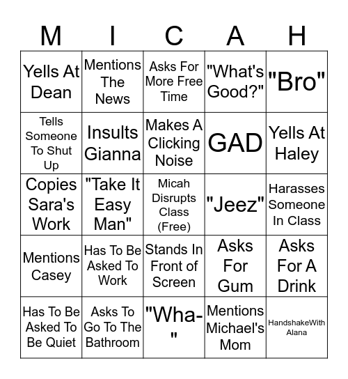 Micah Bingo Card