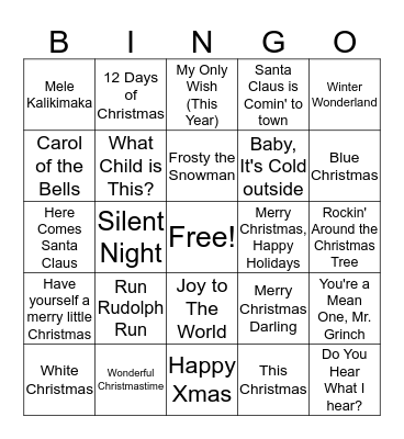 Holiday Song Bingo Card