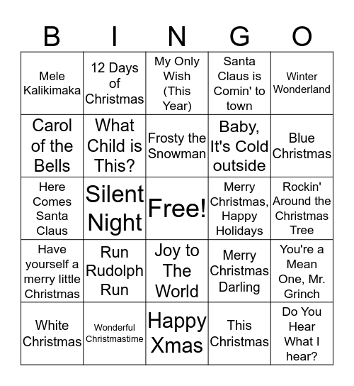 Holiday Song Bingo Card
