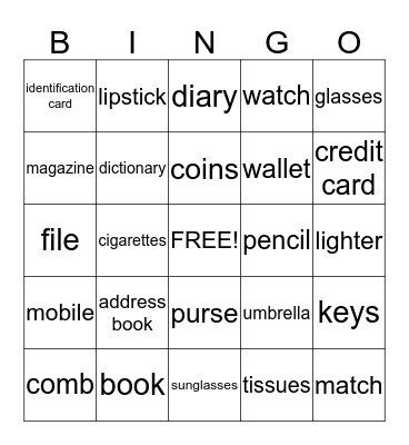 common objects Bingo Card