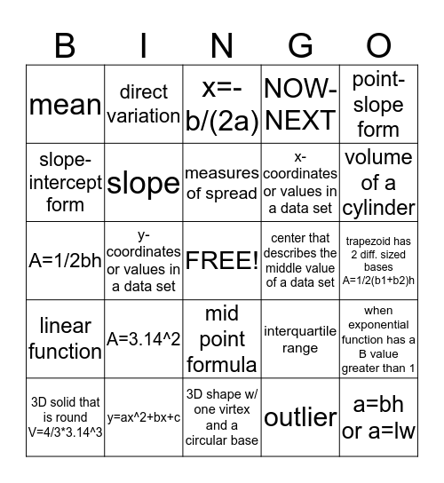 vocabulary Bingo Card