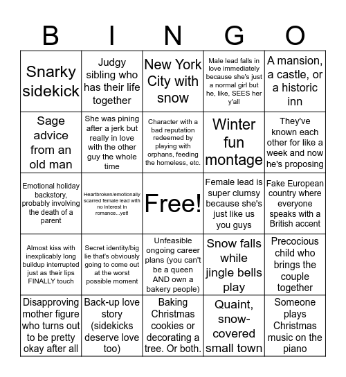 Cheesy Christmas Movie Bingo Card