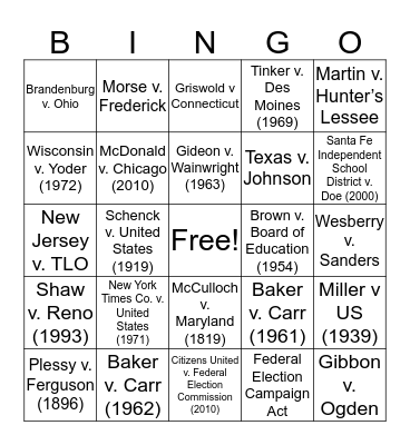 Landmark Court Cases Bingo Card