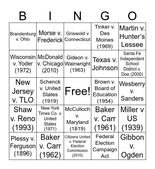 Landmark Court Cases Bingo Card