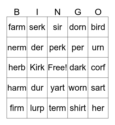 R-Controlled Vowels Bingo Card