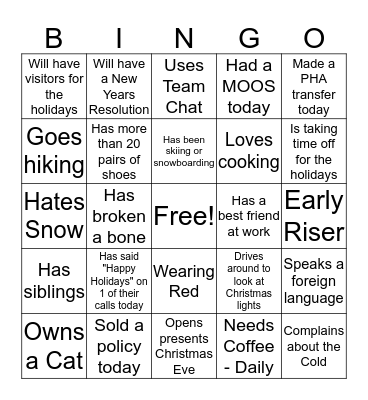 Holiday Bingo  Bingo Card