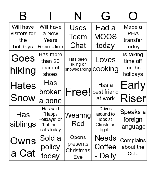 Holiday Bingo  Bingo Card