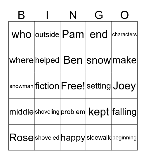 Shoveling Snow Bingo Card