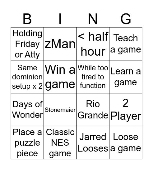 Draney Board Game Bingo Card