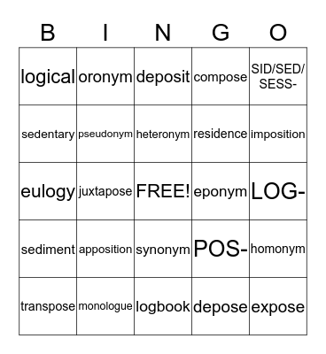 Vocabulary Bingo Card