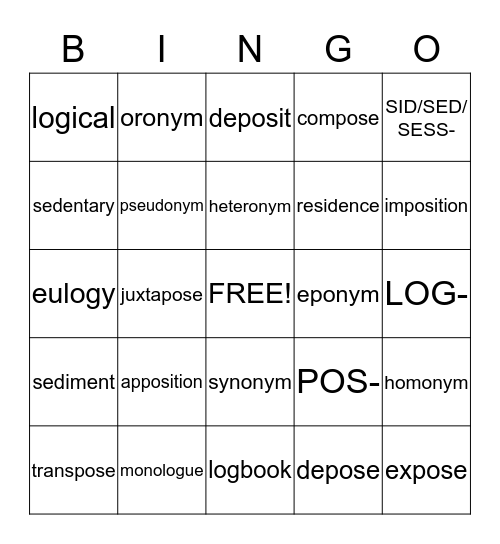 Vocabulary Bingo Card