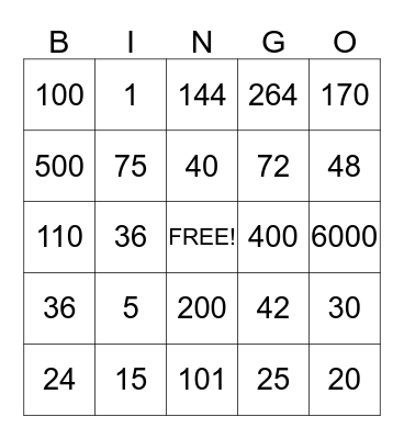 Multiplication Fact Review Bingo Card