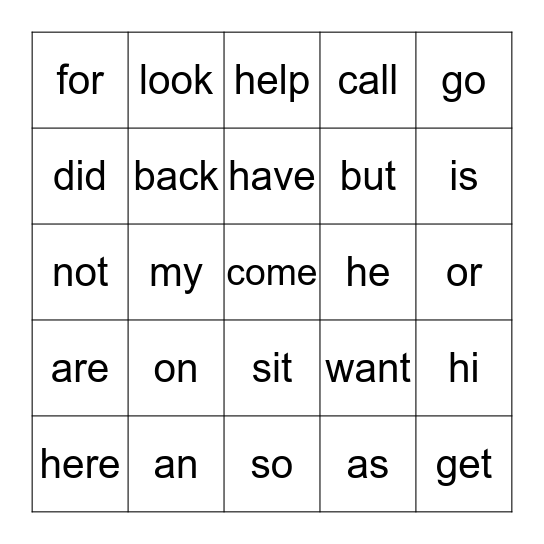 List A Bingo Card