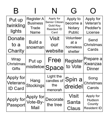 Hudson County Clerk BINGO Holiday Edition Bingo Card