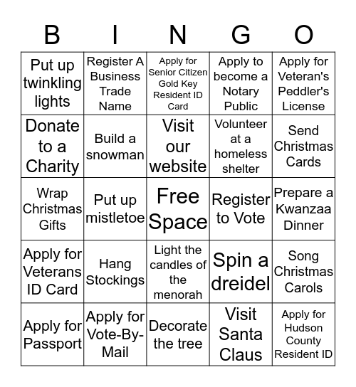 Hudson County Clerk BINGO Holiday Edition Bingo Card