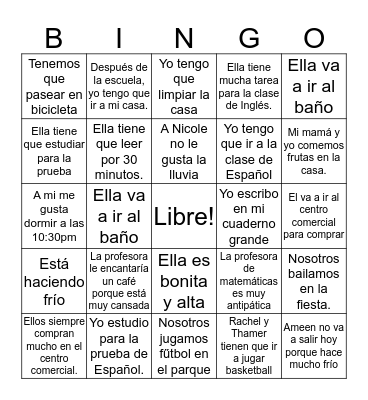 Spanish Bingo Card