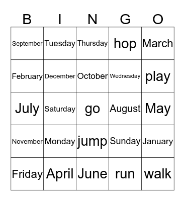 Days, Months and Verbs Bingo Card