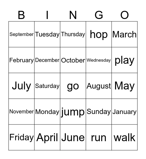 Days, Months and Verbs Bingo Card