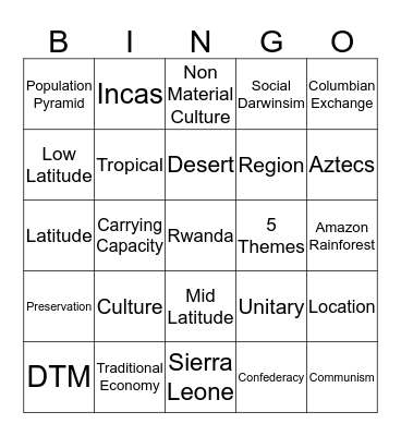 World Geography & Cultures Semester 1 Bingo Card