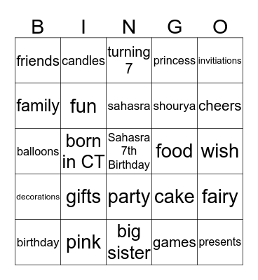 Sahasra 7th Birthday Bingo Card