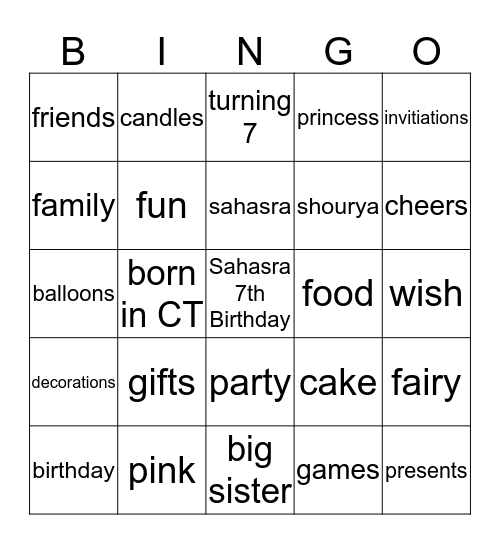 Sahasra 7th Birthday Bingo Card