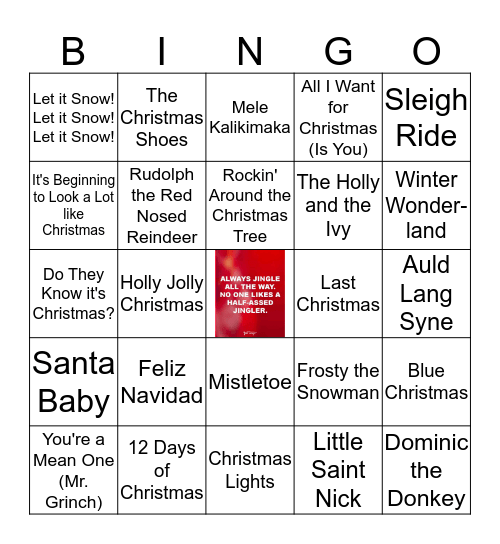 Christmas Tunes Bingo Card