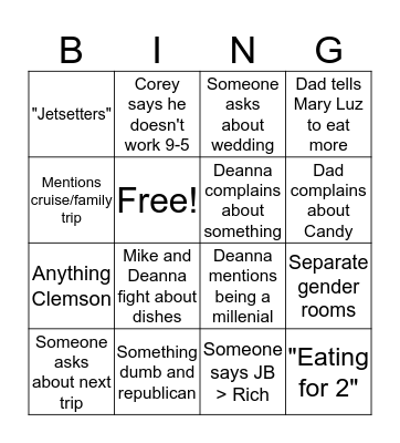 Inlaw Xmas Bingo Card