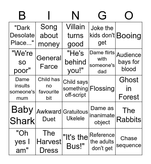 Playhouse Pantomine Bingo 2018 Bingo Card