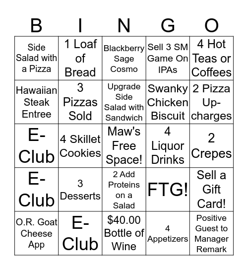 Baker's Crust Hilltop Bingo Card