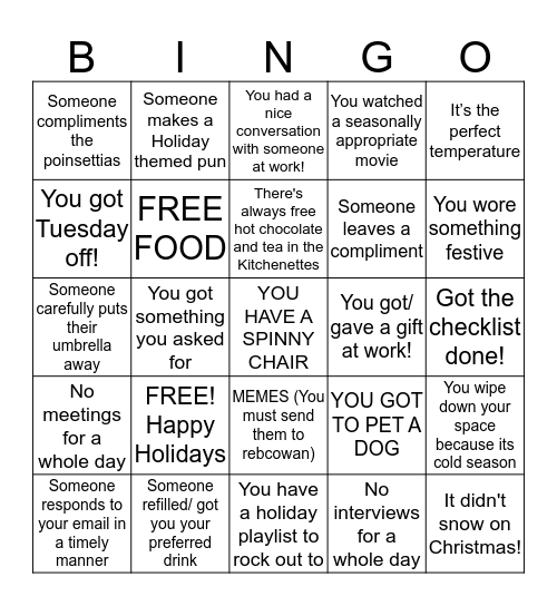 Happy Holidays (No Calls) Bingo Card