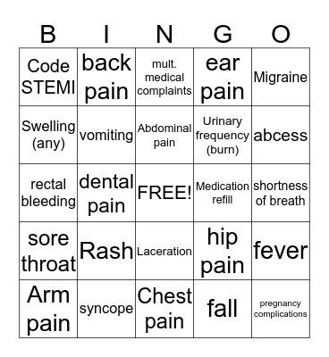 Chief Complaint Bingo Card