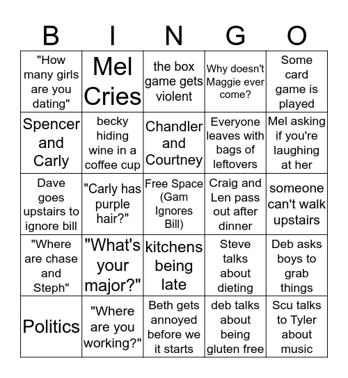 Steele Family Christmas Bingo Card