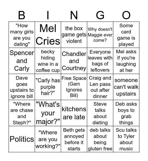 Steele Family Christmas Bingo Card