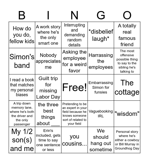 Steve-o Bingo Card