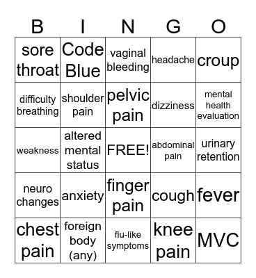 Chief Complaint Bingo Card