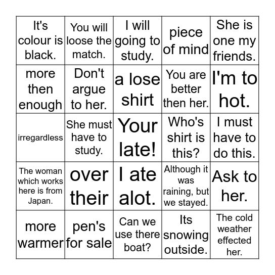 Grammar Bingo! Bingo Card