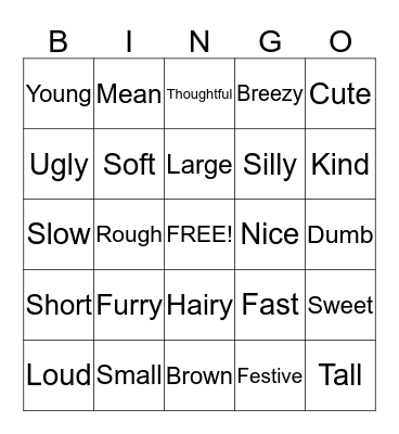 Adjectives  Bingo Card