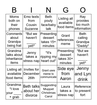 Family Holiday Bingo Card