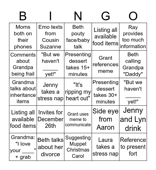 Family Holiday Bingo Card