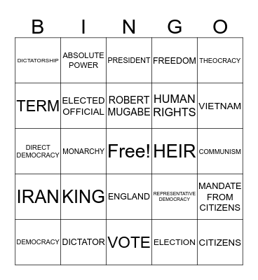 TYPES OF GOVERNMENT Bingo Card