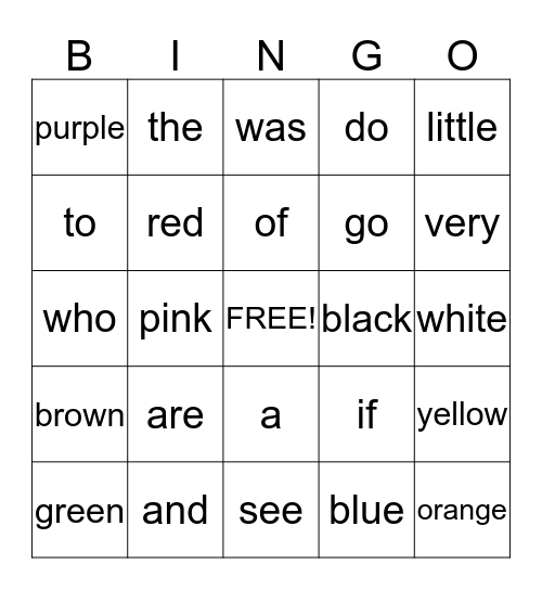 Sight Words and Color Words Bingo Card