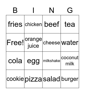 Food and Drinks  Bingo Card