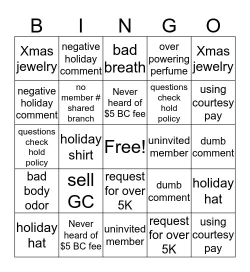 Holiday  Fun Bingo Card