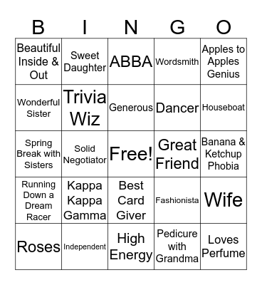 Jennifer Bingo Card