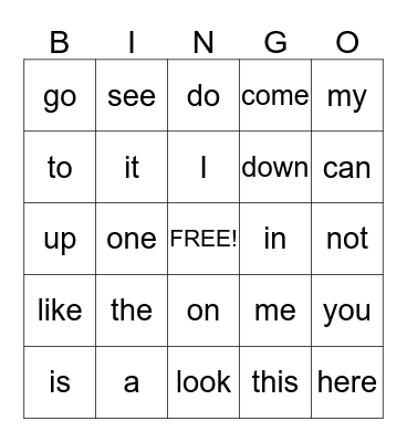 Sight Words Bingo Card