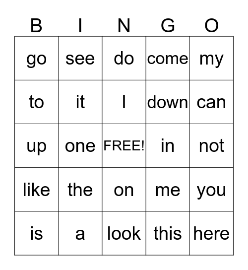 Sight Words Bingo Card