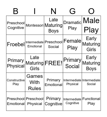 Developmental Stages Bingo Card