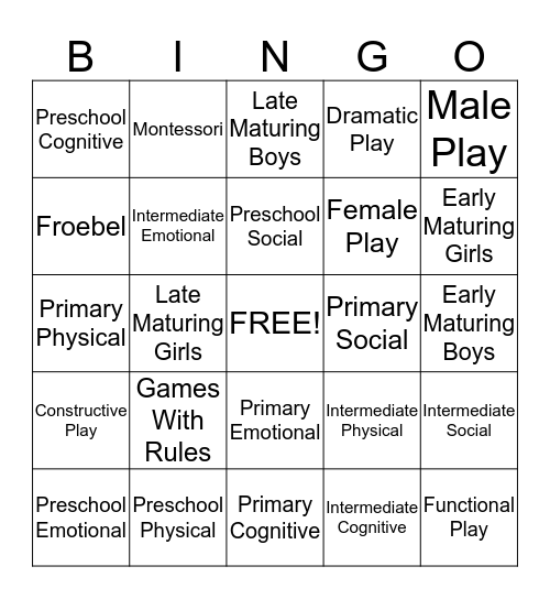 Developmental Stages Bingo Card